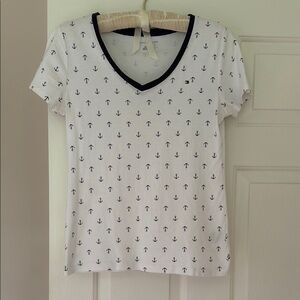 Tommy Hilfiger Anchor Print V-Neck T-Shirt - White and Black